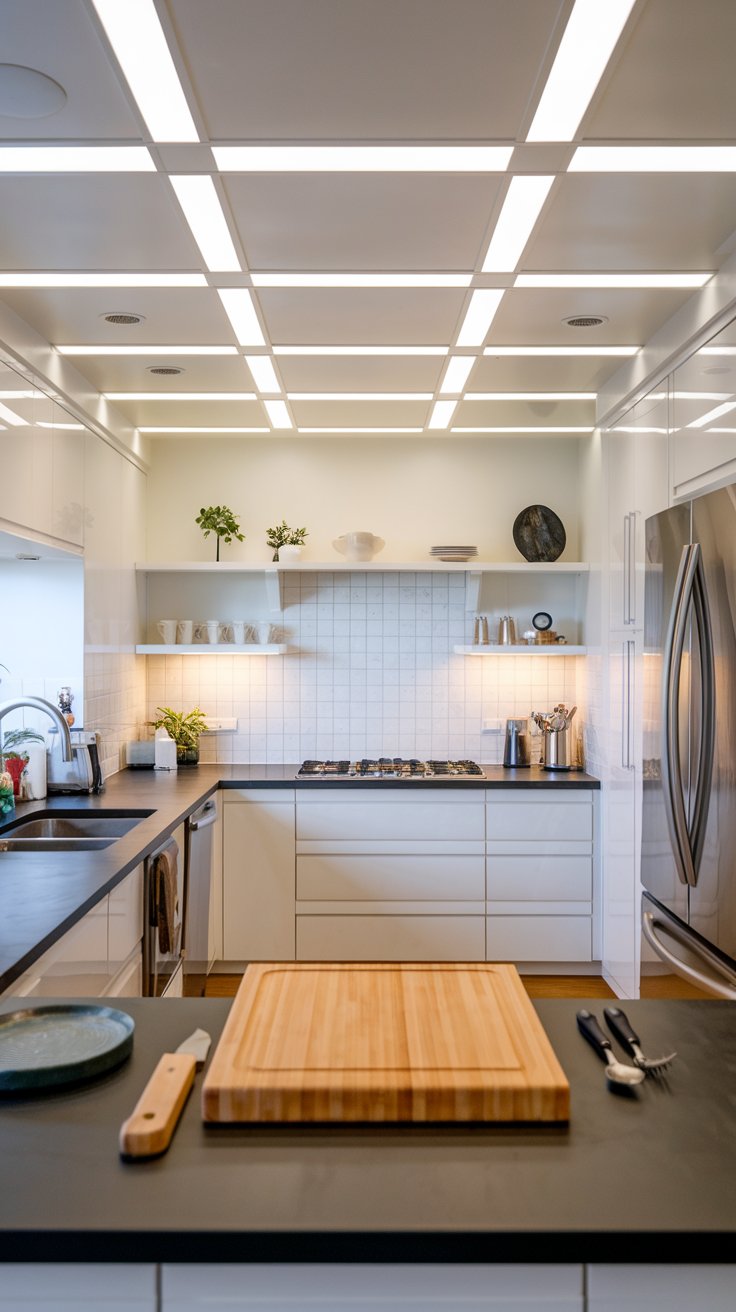 A photo of a well-organized modern kitchen with a grid pattern of recessed lights for uniform lighting. The kitchen has a clean and sleek design with white cabinets, a dark countertop, and stainless steel appliances. There's a wooden cutting board and a few utensils on the counter. The background wall has a few decorative items. The lighting creates a uniform glow that reaches every inch of the kitchen.