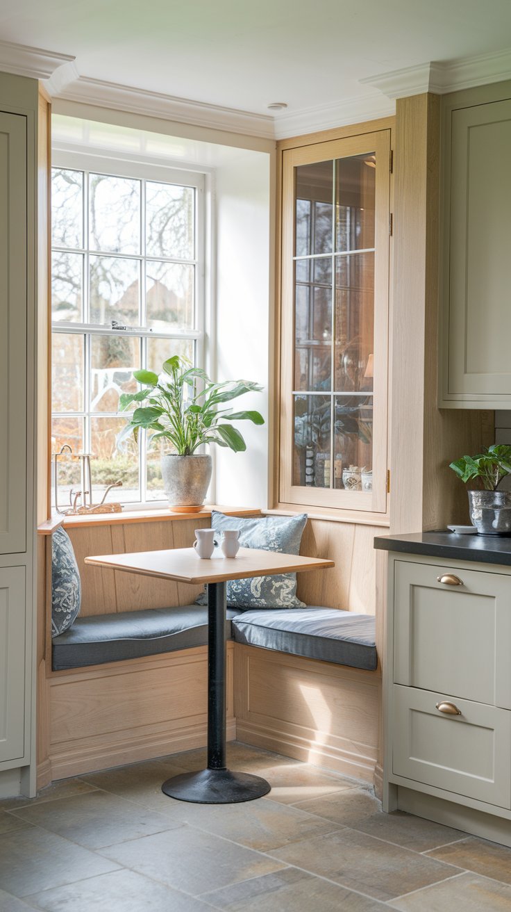 A photo of an unused corner of a beautiful English countryside kitchen turned into a breakfast nook with a custom-fit booth. The booth is made of light wood and has a cushioned seat. There is a window next to the booth, allowing natural light to fill the space. A potted plant is placed on the windowsill. The floor is tiled.