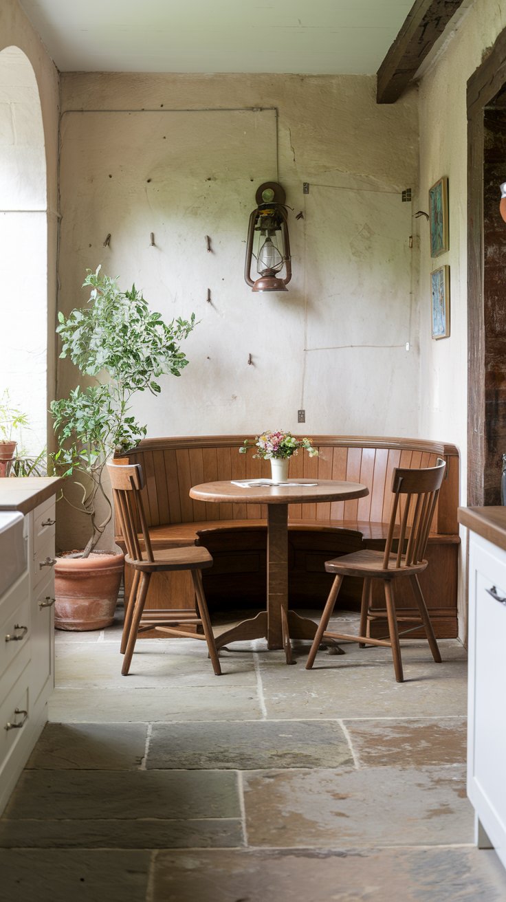 A photo of an unused corner of a beautiful English countryside kitchen. The corner is now transformed into a breakfast nook with a custom-fit booth. The booth is made of wood and has a table and two chairs. There's a potted plant beside the booth. The floor is made of stone and has a few scratches. The wall has a few nails and a vintage lantern. The overall ambiance of the photo is rustic and charming.