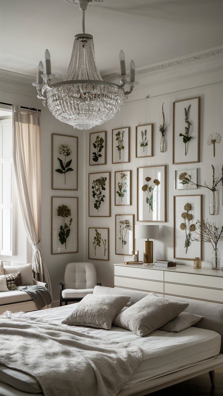 A stunning and serene mid-century modern bedroom in ivory white, accented by an elegant chandelier. The room features a comfortable bed with plush pillows, a sleek dresser, and a large window with soft curtains. There are 7-10 pressed flower frames of various sizes lining the walls, each one unique and adding a touch of nature to the space. The overall ambiance is calming and inviting, with a harmonious blend of minimalistic design and organic elements., photo