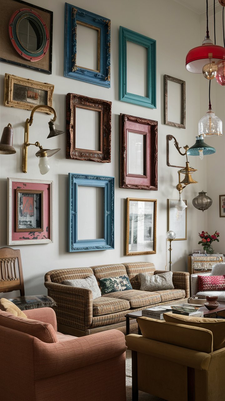 This eclectic living room radiates charm with its harmonious blend of mismatched vintage frames, furniture, and light fixtures.The walls are adorned with a collection of five to eight diverse and colorful vintage frames, each boasting its own unique design, adding character and vibrancy to the space.The furniture is a delightful mix of styles, combining vintage sofas with modern chairs to create a comfortable and inviting atmosphere.Vintage light fixtures in various shapes, sizes, and materials add a touch of old-world charm, all working together in perfect harmony.The room is well-organized and filled with natural light, enhancing the cozy and warm ambiance that makes the space truly inviting.