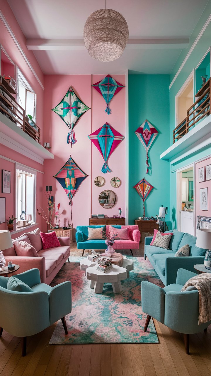 This stunningly realistic and well-organized living room masterfully blends Bohemian, Scandinavian, and Japanese aesthetics.The color palette of soft pinks, turquoise, and aquamarine creates a serene and vibrant atmosphere.The walls are adorned with vibrant, colorful kites, serving as unique and eye-catching decor pieces that add a playful touch.Furniture and light fixtures feature clean, modern lines, perfectly balancing the eclectic mix of styles.Natural light floods the space, enhancing its inviting and stylish ambiance.The room reflects a harmonious blend of diverse design elements, creating a space that is both chic and welcoming.