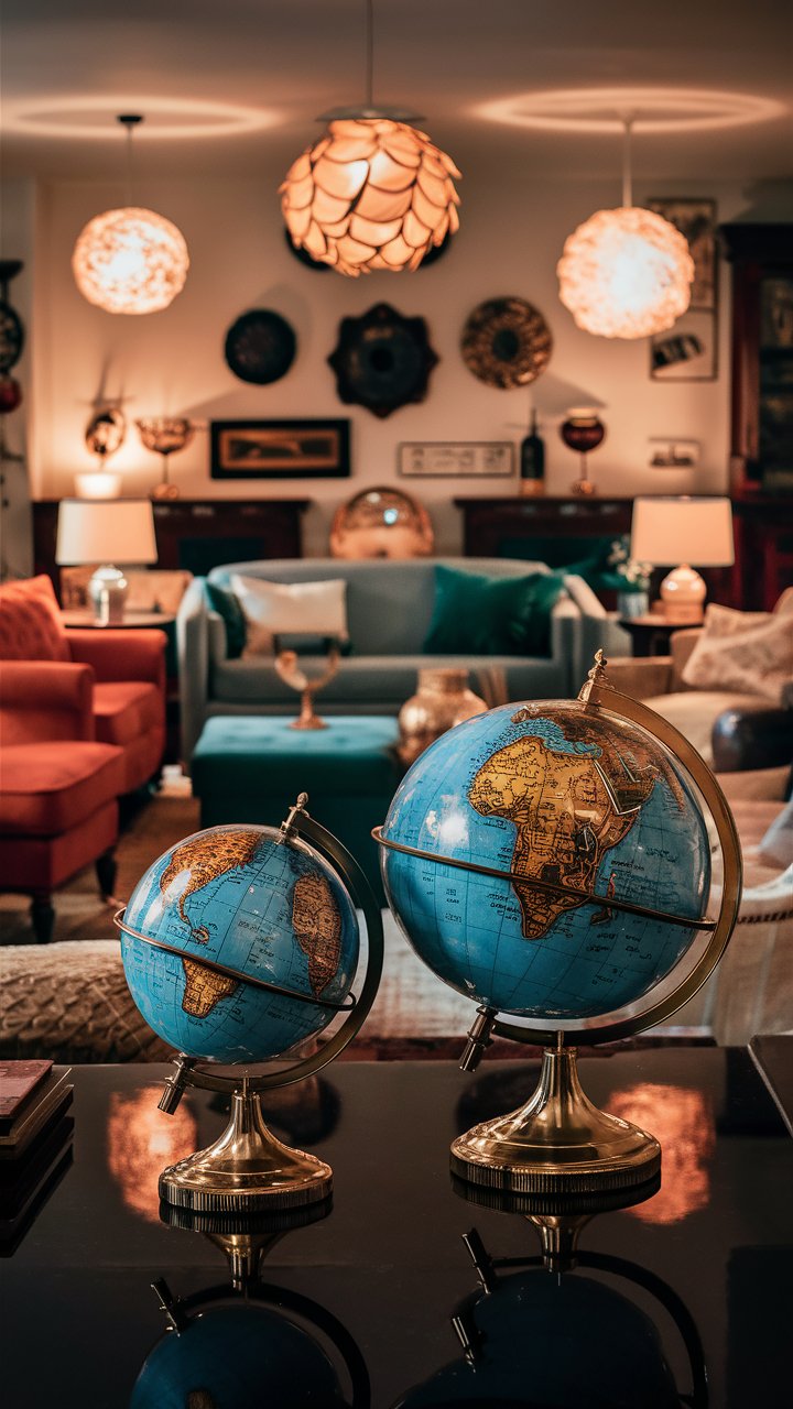 This eclectic living room is stunningly well-organized and well-lit, with a thoughtful design that captures the eye.The centerpiece is a pair of beautifully designed, intricately detailed globes in small and medium sizes, adding a touch of worldly charm.The furniture is arranged in a functional and balanced manner, with diverse styles that complement each other perfectly.Unique and eye-catching light fixtures cast a warm, inviting glow, enhancing the room's cozy atmosphere.The overall ambiance is both cozy and sophisticated, showcasing a harmonious blend of styles and elements that create a truly inviting space.