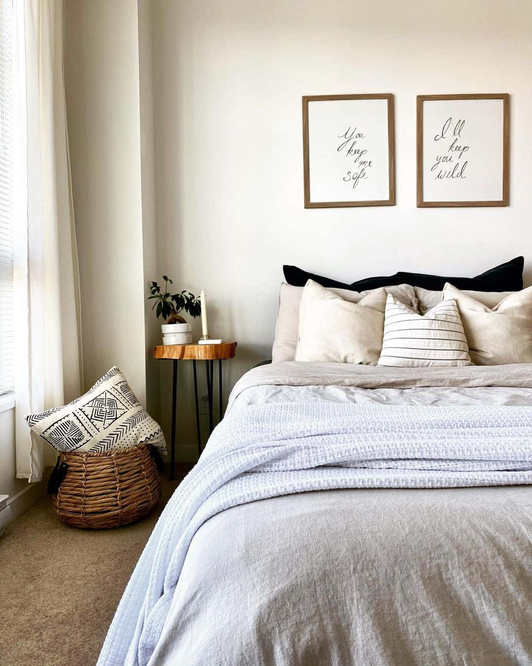 Beige, Gray, and Black Bed with Wood Frame Wall Art