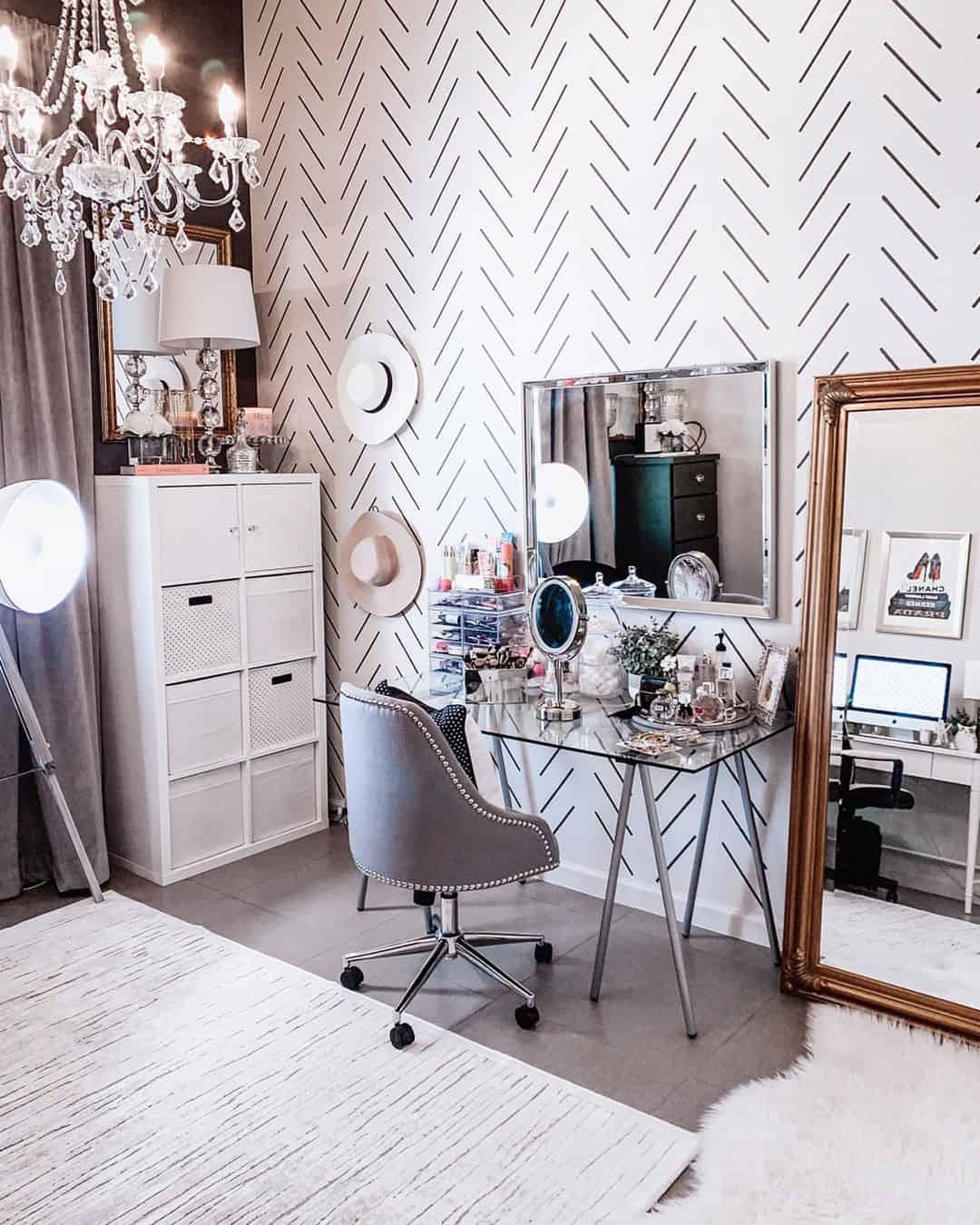 Elegant Chevron Accent Wall with Chandelier