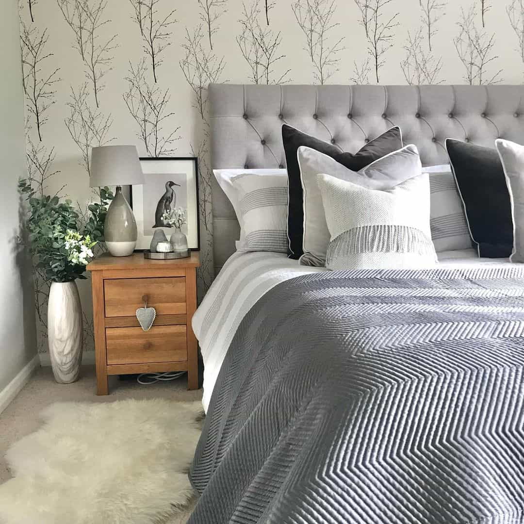 Gray Bedroom, Artistic Twig Print Wallpaper