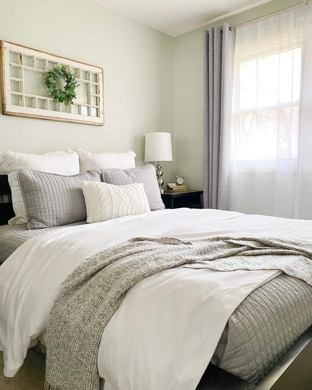 Green-Themed Bedroom, White and Gray Bed Bliss