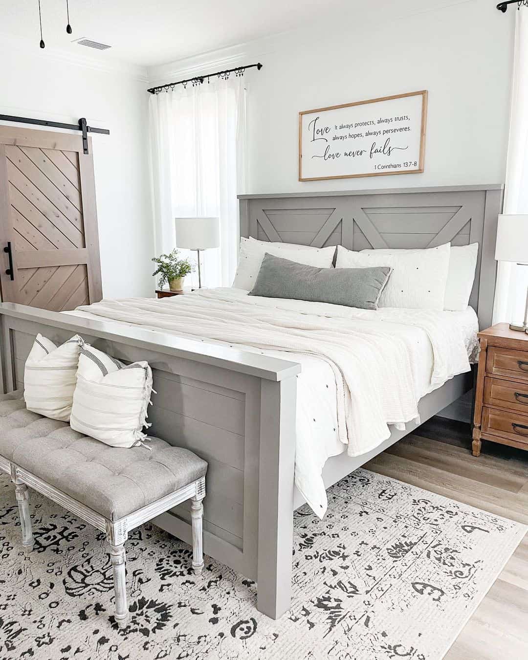 Subtle Gray-Painted Wood Bed, White Bedding Harmony