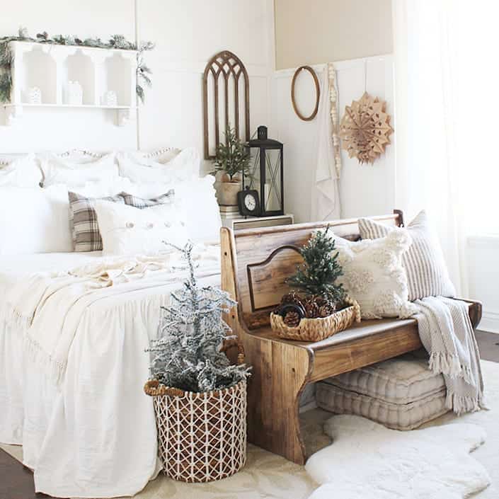 Timeless Elegance: White Bed and Stained Wood Bench