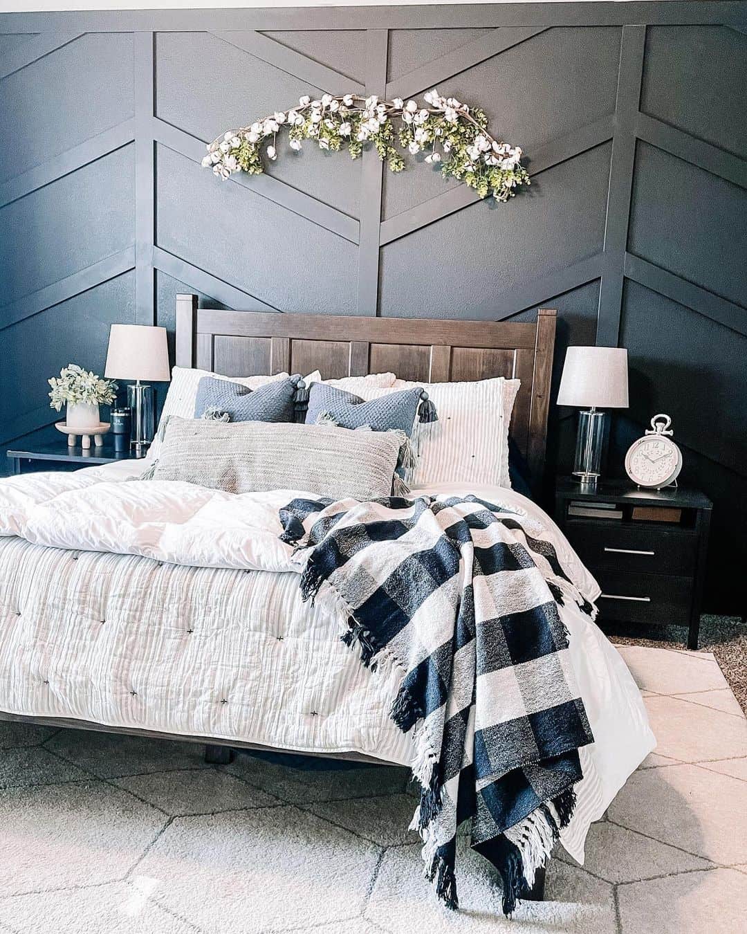 Serene Bedroom Enhanced by a Matte Black Chevron Wall