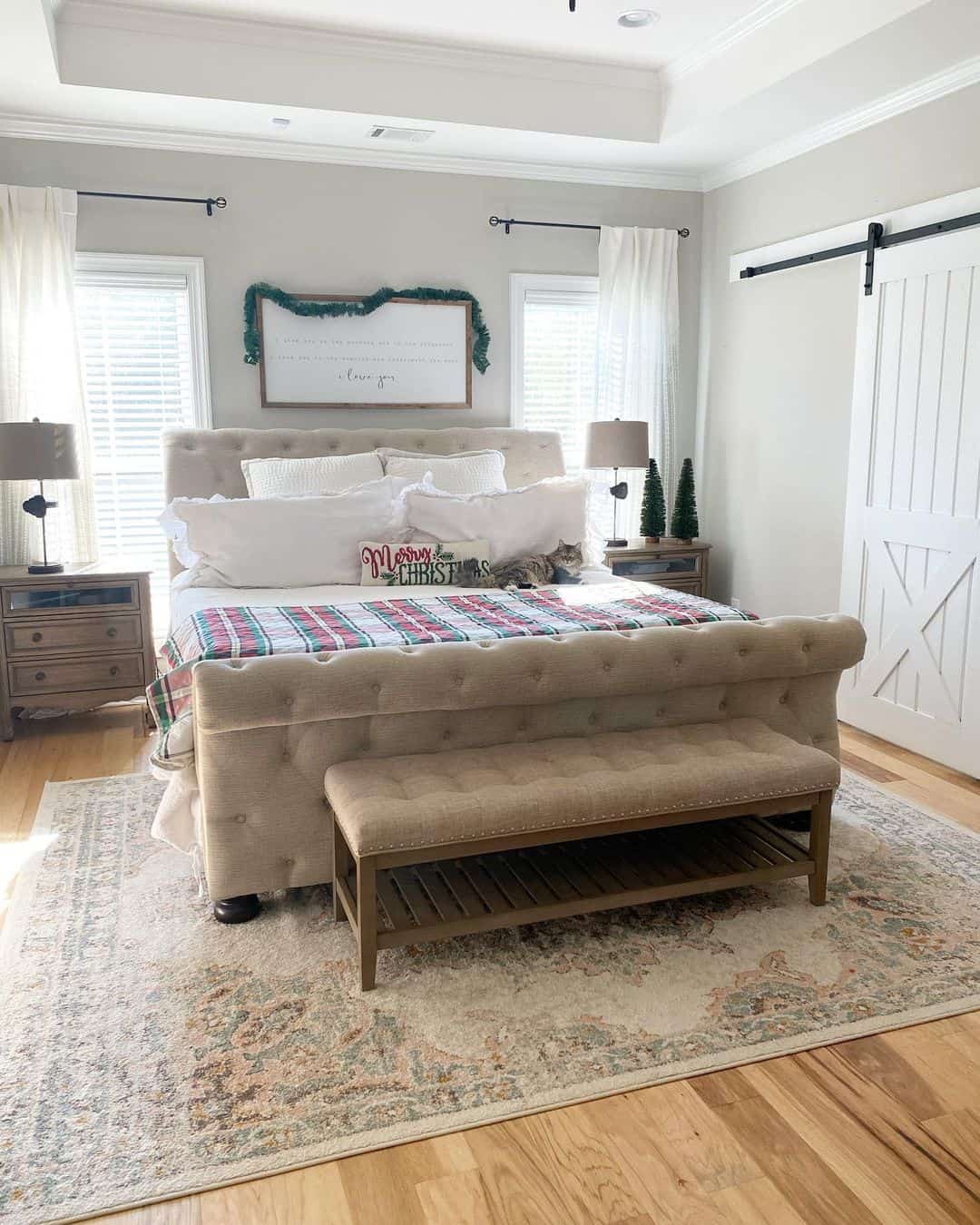 Cozy Greige Farmhouse Bedroom Transformed for Christmas