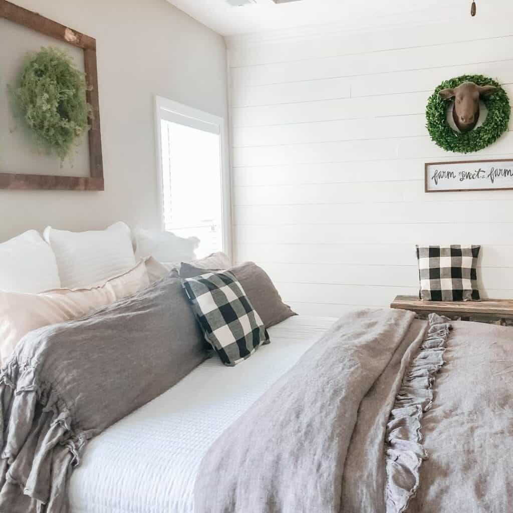 Elegant White Bedroom Featuring Gray Belgian Flax Linen Bedding