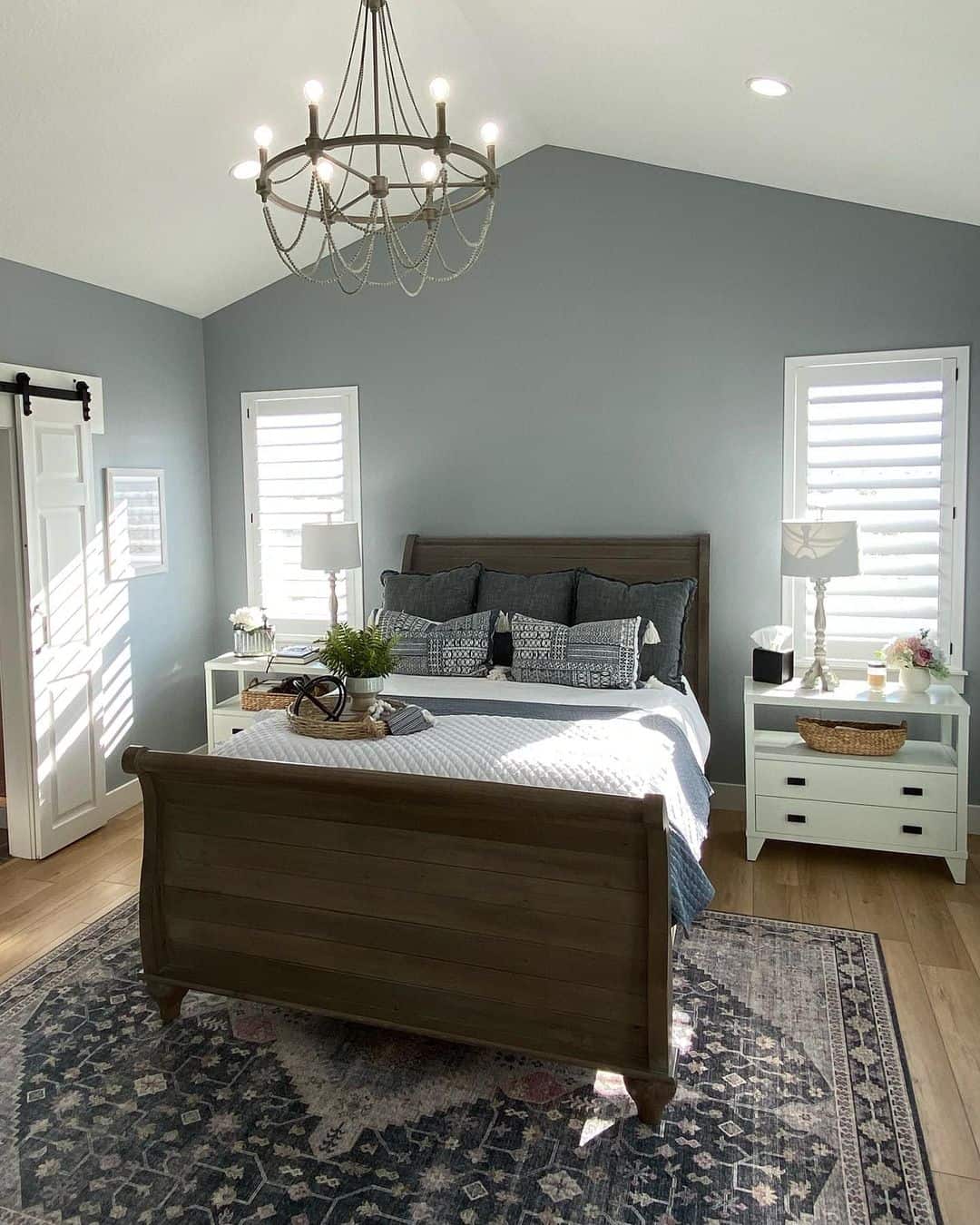 Serene Blue-gray Bedroom with Vaulted Ceiling