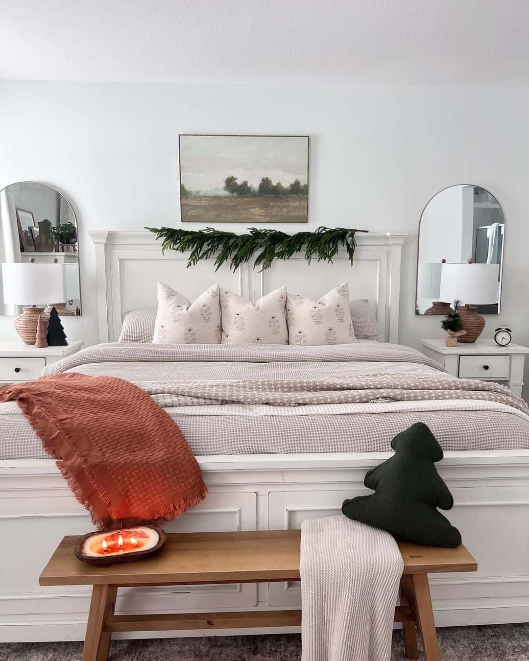 Bedroom Decor Featuring Stained Wood Bench