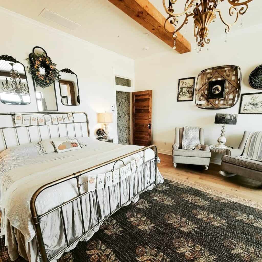 Luxurious Country Farmhouse Bedroom Featuring a Gold Chandelier