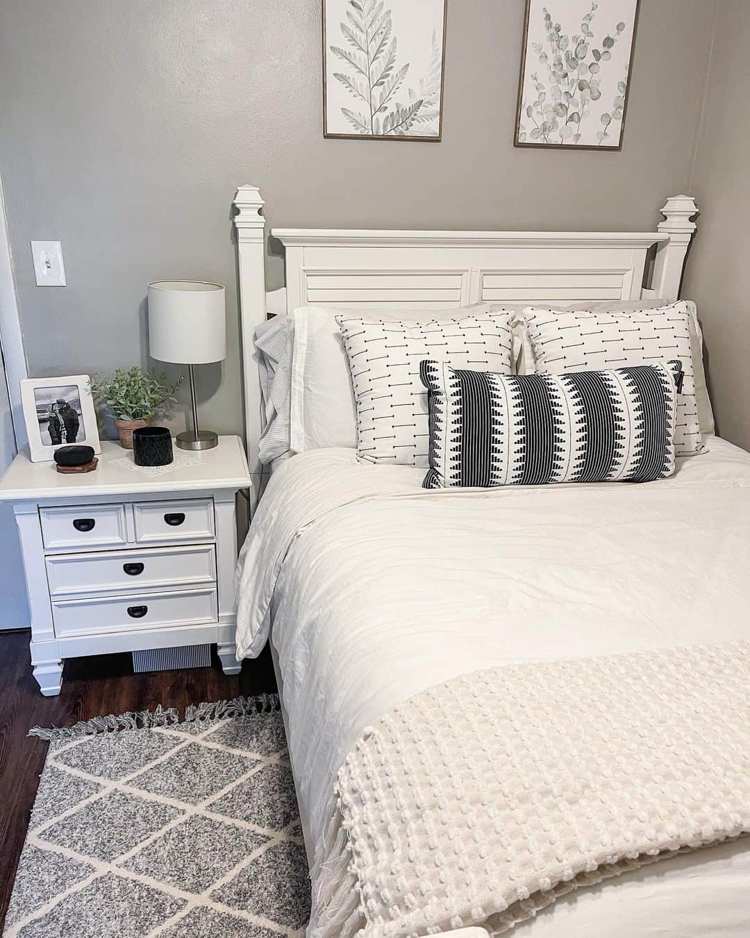 Serene Gray Wall Paint for a Classic White Farmhouse Bedroom