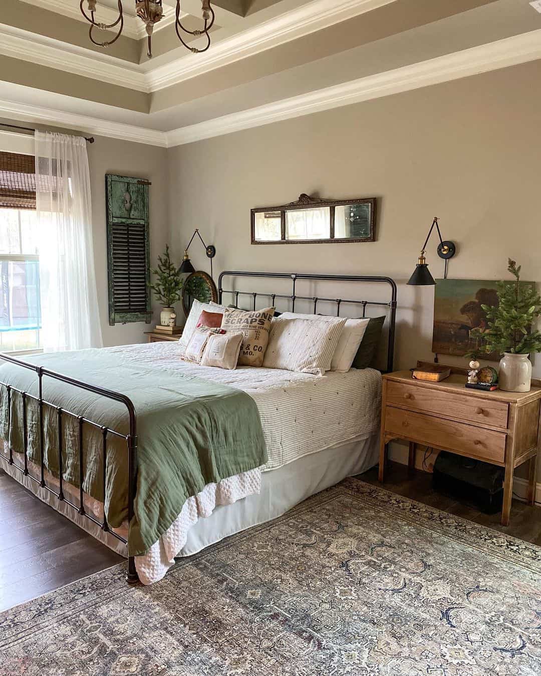 Vintage-Inspired Bedroom With Gray and White Coffered Ceilings