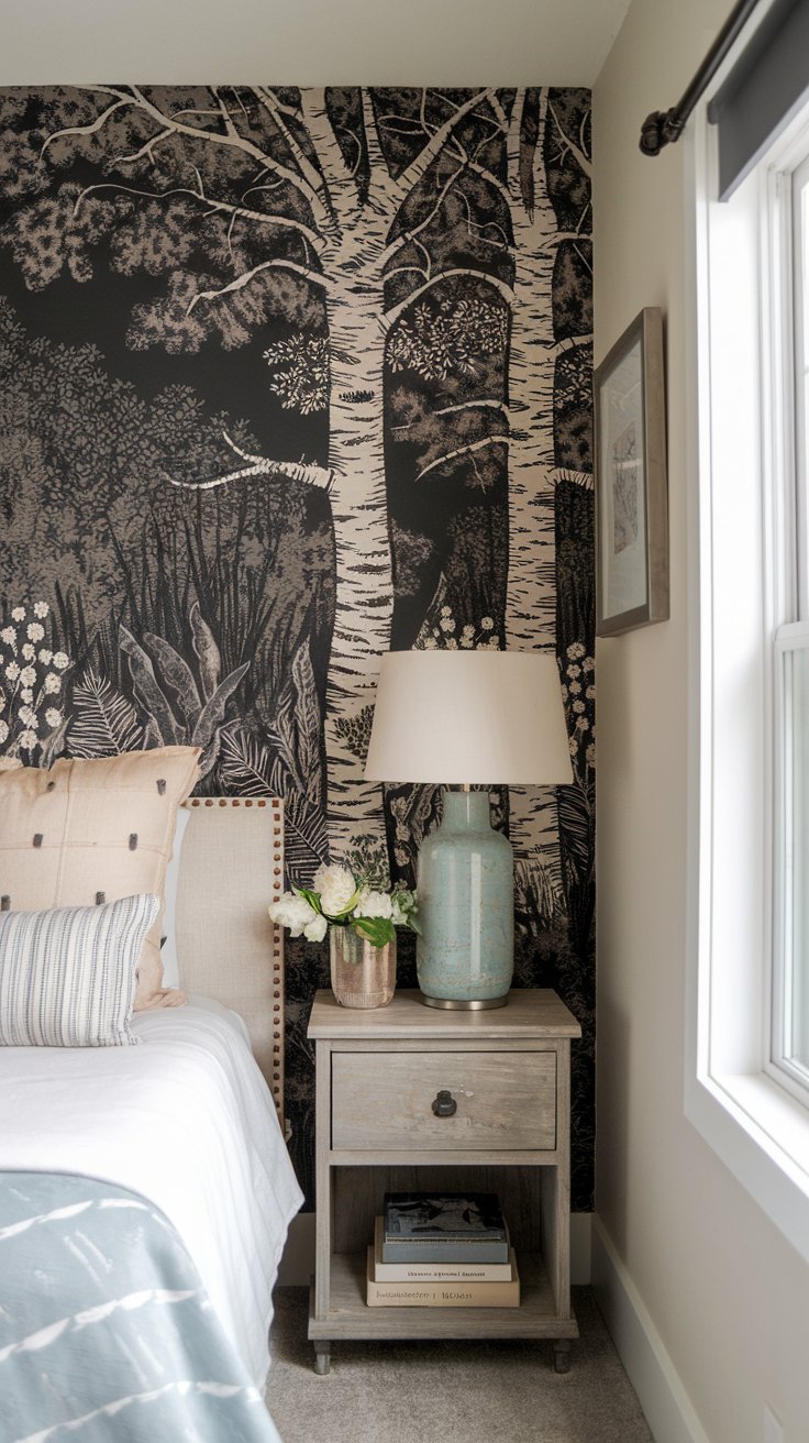 A photo of a charming modern farmhouse small bedroom with a feature wall that has a bold wallpaper or a mural of a forest scene. The other walls are neutral. The room contains a bed, a nightstand, a lamp, and a few decorative items. There is a window near the bed.