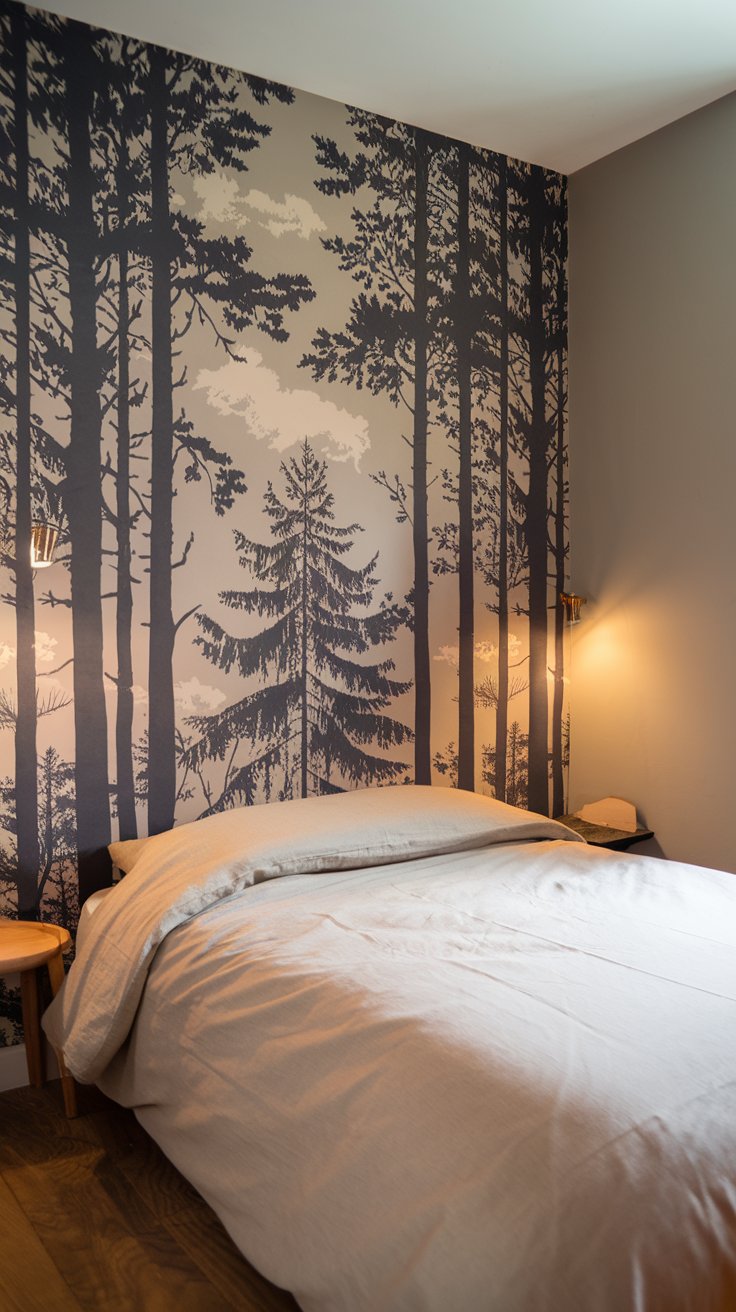 A photo of a charming modern farmhouse small bedroom with a feature wall that has a bold wallpaper. The wallpaper is a forest scene with tall trees and a sky with soft clouds. The other walls are neutral, painted in a light gray color. The room has a queen-size bed with a beige duvet and a white pillow. There's a small wooden nightstand next to the bed. The room has a wooden floor. The lighting is warm.