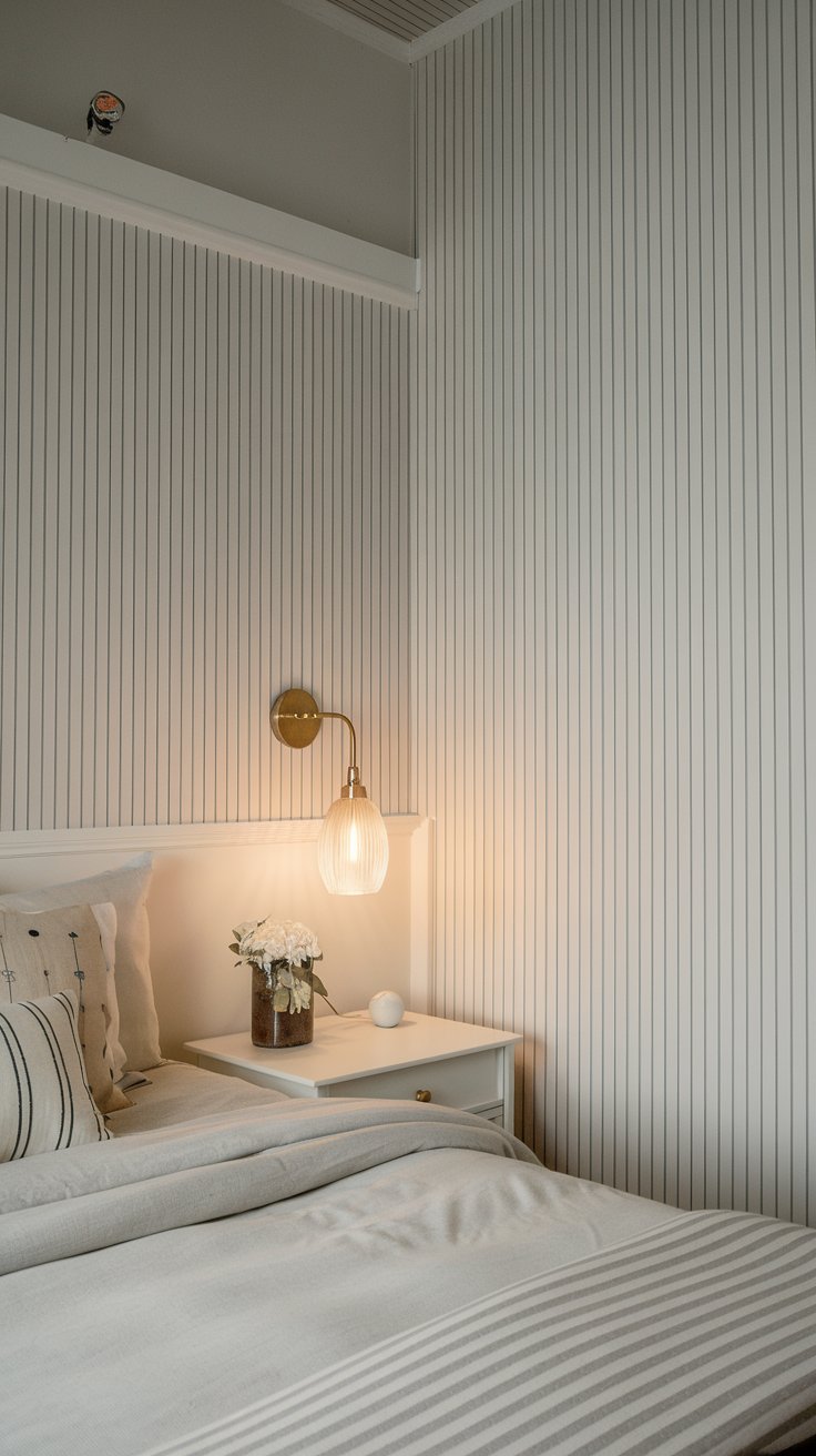 A photo of a charming Scandinavian small bedroom with a striped pattern. The walls have vertical stripes that draw the eye upward, making the ceiling appear higher. The room also contains a bed, a nightstand, and a lamp. The room has a neutral color palette and follows the Scandinavian design principles of simplicity, functionality, and minimalism.