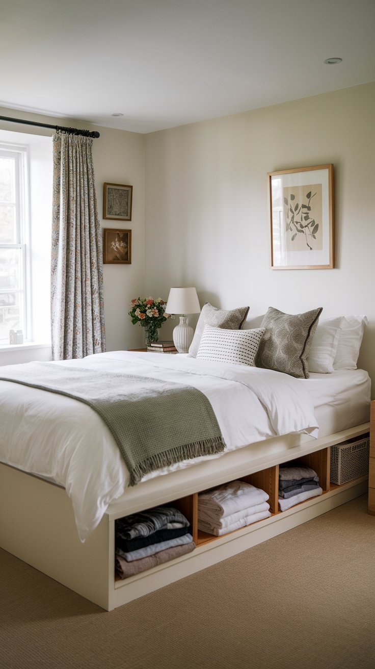A photo of a charming, well-organized English Countryside bedroom with a platform bed. The bed has storage for clothes and extra bedding. The room has a low profile, open feel, and a sleek, modern design. There is a thin mattress on the bed, which takes up less visual space.