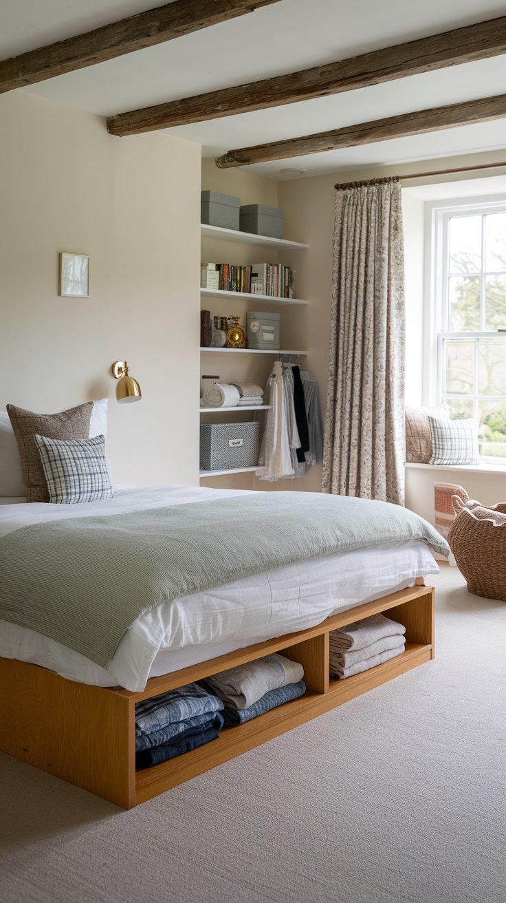 A photo of a charming, well-organized English Countryside bedroom with a platform bed. The bed has storage for clothes and extra bedding. The room has a low profile, open feel, and a sleek, modern design. A thin mattress is added to the bed, taking up less visual space.