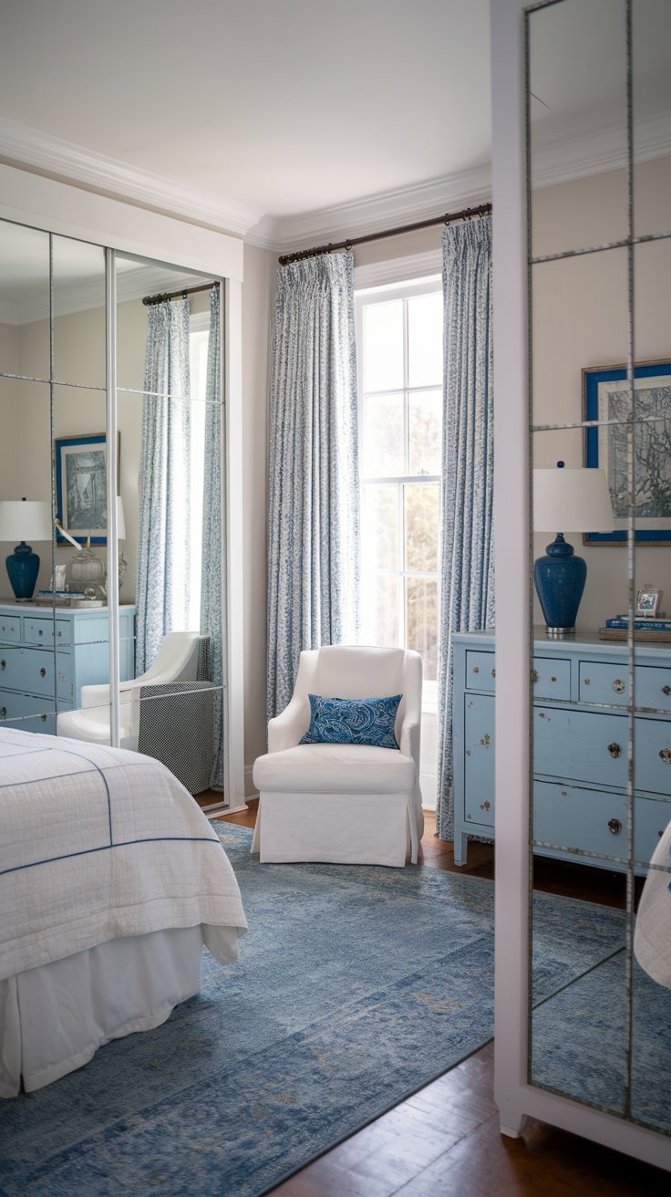 A photo of a charming, well-organized French Country bedroom with two mirrors. The room has a white bed with blue accents and a blue area rug. There is a white dresser with blue drawers and a blue accent lamp. The room has a white chair with blue accents and a blue throw pillow. The room has a white nightstand with a blue lamp. The room has a white curtain rod and a blue curtain. There is a mirrored closet door on the left wall. The room has a wooden floor.
