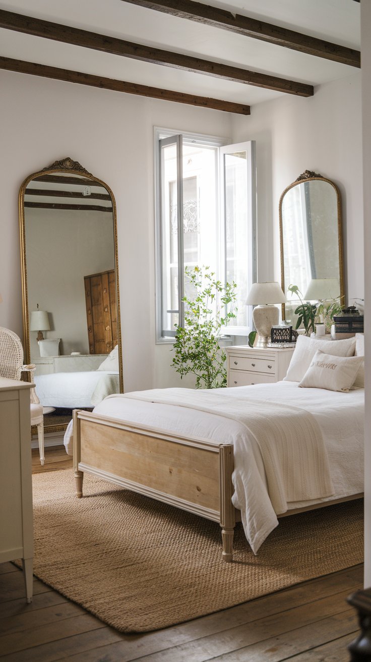A photo of a charming, well-organized French Country bedroom with two mirrors. One mirror is hung opposite a window to maximize the light reflection. There is a wooden bed with a white duvet and a few pillows. A white dresser with drawers and a nightstand with a lamp are placed beside the bed. A woven area rug is placed on the wooden floor. The room has white walls and wooden beams on the ceiling. There's a green plant near the window.