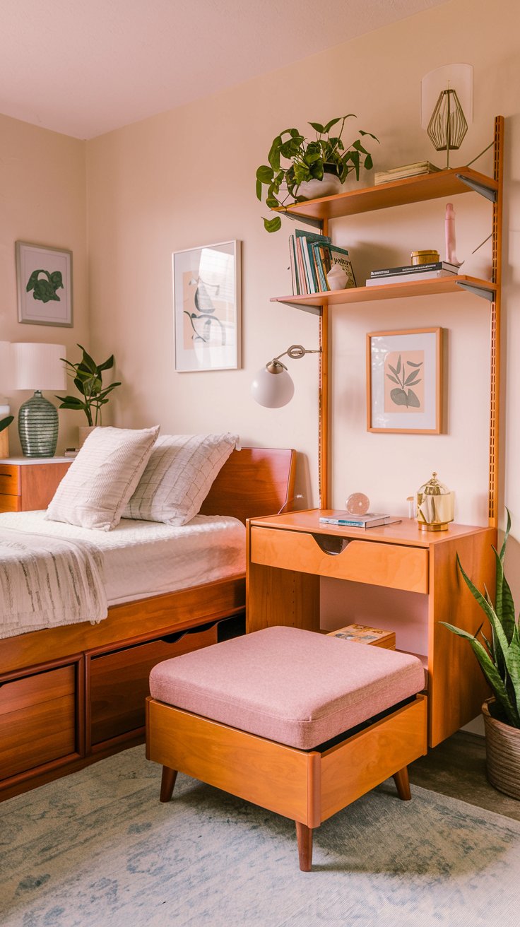 A photo of a charming, well-organized small mid-century modern bedroom with multifunctional furniture. The room contains a bed with storage drawers underneath and an ottoman that doubles as seating and storage. There is a bedside table with shelves to hold books, a lamp, and even a plant or two. The walls are light beige, and the room has a few decorative items, including a small plant and a lamp. The floor is covered with a light blue rug.