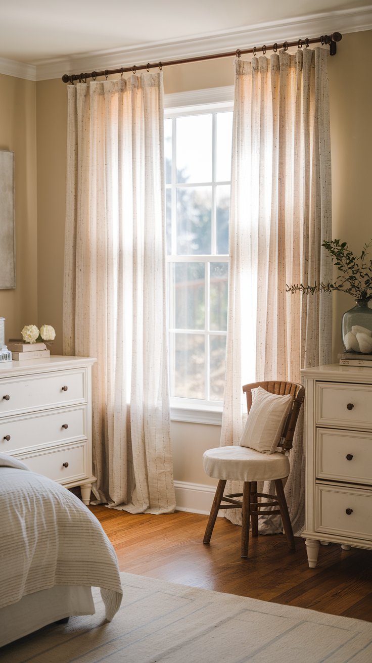 A photo of a charming, well-organized small modern farmhouse bedroom with sheer curtains that let natural light. The room has a light, airy fabric and a gentle glow. The room has a breezy, open vibe. The room contains a bed, a dresser, and a chair. The walls are painted in a soft beige color. The floor is made of hardwood.