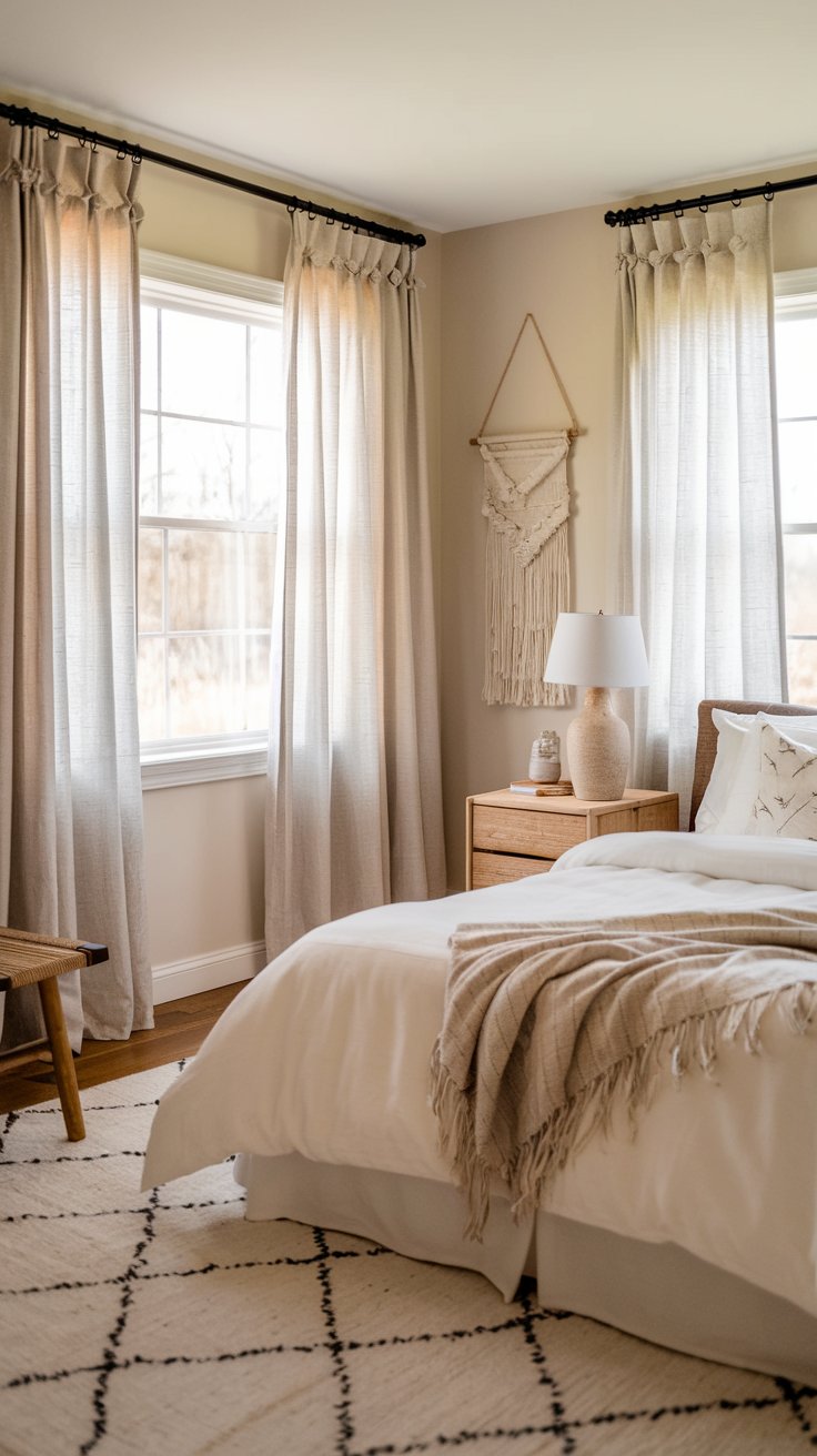 A photo of a charming, well-organized small modern farmhouse bedroom with sheer curtains that let natural light. The room has a light, airy fabric, gentle glow, and a breezy, open vibe. The bed is made with white linens and has a woven throw blanket. There's a wooden nightstand on one side of the bed with a lamp. The room has a white rug and a few decorative items, including a vase and a wall hanging. The walls are painted in a soft beige hue.