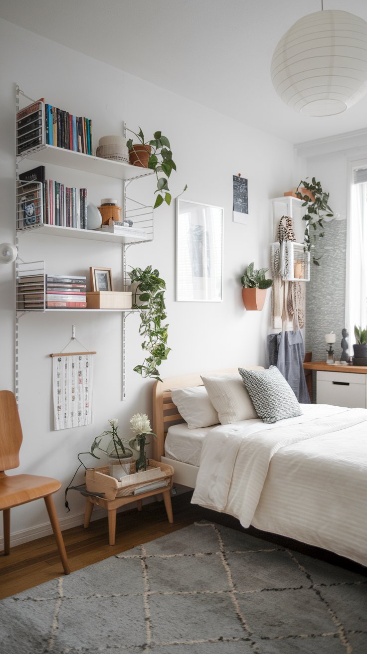 A photo of a charming, well-organized small Scandinavian bedroom with a white bed and wooden furniture. There are wall-mounted shelves with books, decor, and plants, which free up floor space and make the room feel less cluttered. The room has a soft grey rug and a white lampshade. There is a wooden chair and a plant near the bed. The walls have a minimal amount of decor.