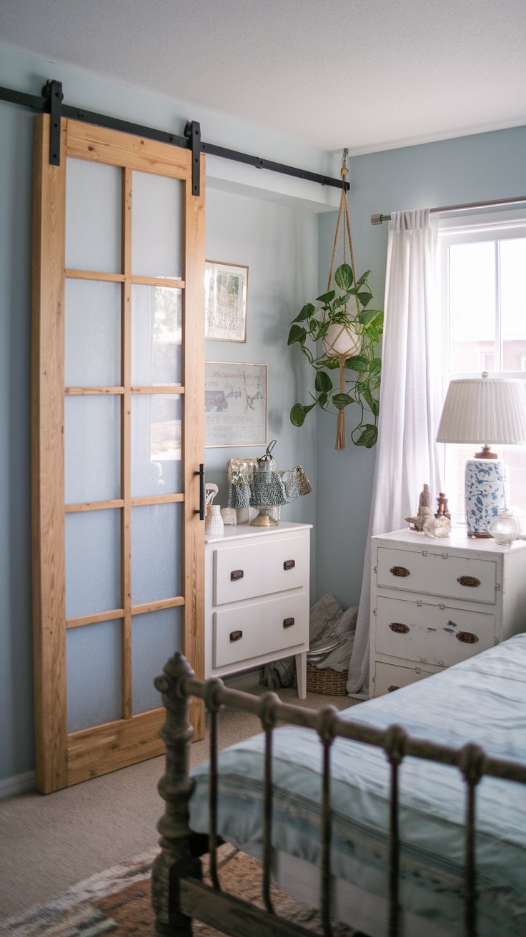 A photo of a charming, well-organized small shabby chic bedroom with sliding doors. The room has a vintage feel with a rustic wooden bed frame, a white dresser, and a lamp. The walls are painted light blue. There's a hanging plant near the window. The room has a space-saving solution with a sliding door made of frosted glass or rustic barn doors, which makes the room feel more open and less cluttered.