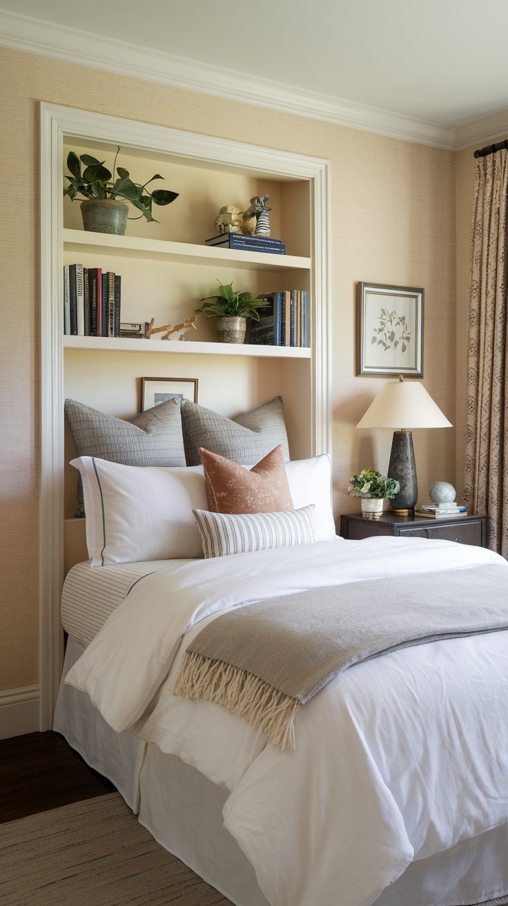 A photo of a charming, well-organized small traditional bedroom. There is a bed with a white duvet and a few pillows. Above the bed, there's a custom-built shelf in the alcove. The shelf holds a few books, plants, and decorative items. The room has a beige wallpaper and a dark wood floor. There's a lamp on the nightstand beside the bed. The room has a warm, inviting ambiance.