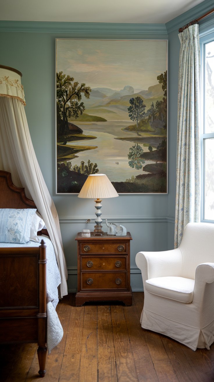 A photo of a charming, well-organized small Victorian bedroom with a large art piece. The room has a wooden bed with a white canopy, a wooden nightstand with a lamp, and a white chair in the corner. The large art piece is a painting of a serene landscape with mountains, water, and trees. The walls are painted a soft blue. The room has a wooden floor. There is a window with white curtains.