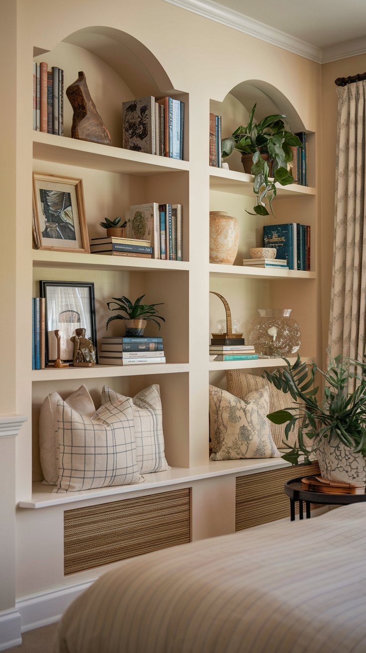 A photo of a cozy traditional bedroom with a few books, plants, and decorative items. The room has a custom-built shelf in the alcoves. The shelf is filled with books, plants, and decorative items. The room has a warm ambiance with soft lighting.