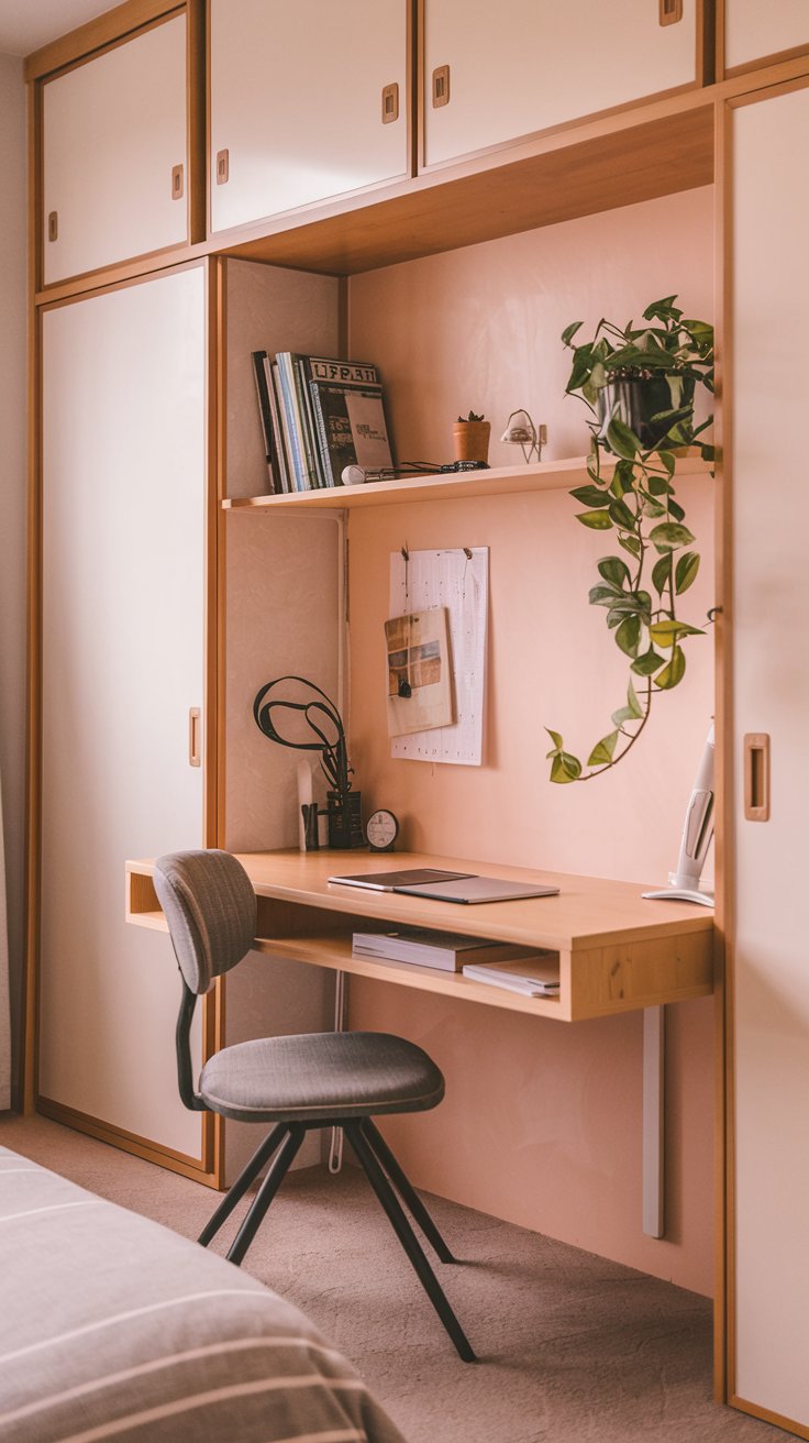A photo of a Japandi-style bedroom with a floating desk. The room has a calm and organized ambiance. The floating desk is mounted to the wall and doesn't have legs. This design choice makes the room feel more open and less cluttered. There is a small shelf above the desk for essentials. A potted plant sits on the shelf. The room has a minimalist design, with a few pieces of furniture and decor.
