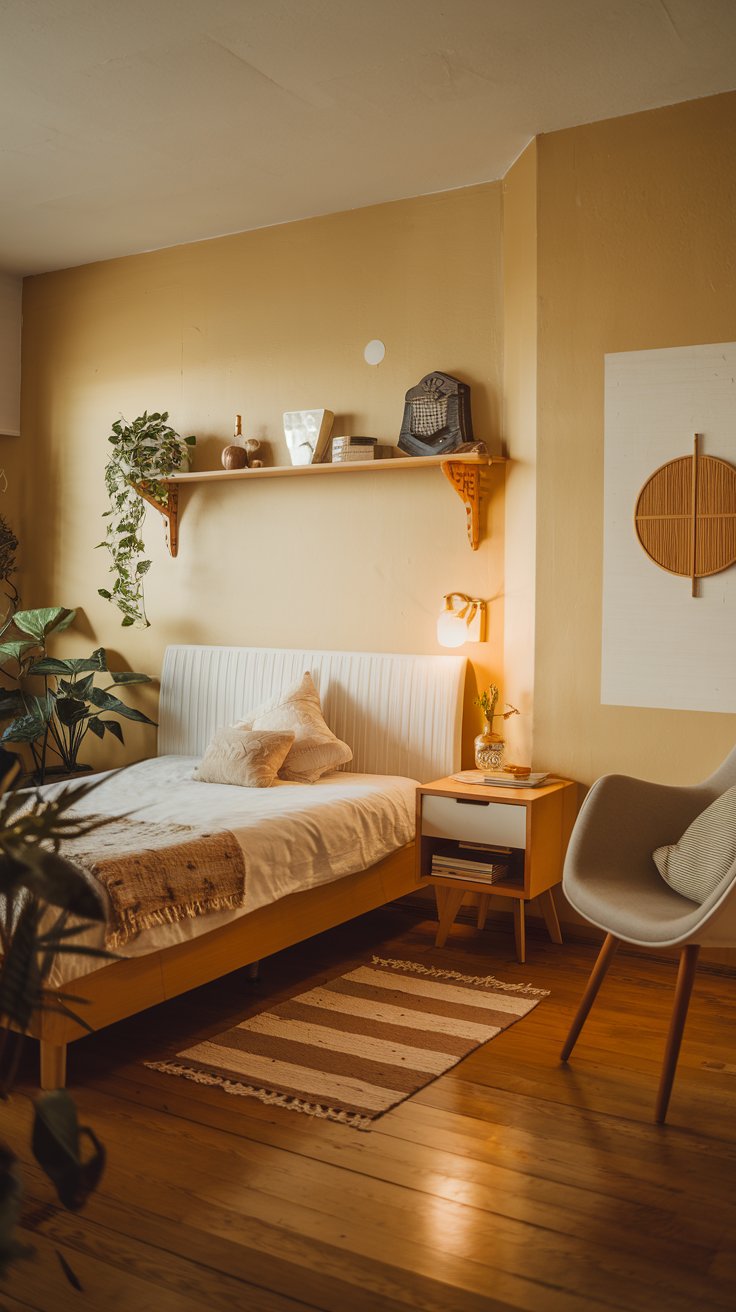A photo of a mid-century modern small bedroom with a cozy ambiance. The room has a bed with a white headboard, a nightstand on one side, and a small rug at the foot of the bed. There is a shelf above the bed with a few decorative items. The walls have a soft yellow hue. The floor is made of wood. There is a white chair in the corner. The room has a few plants. The overall ambiance is warm and inviting.