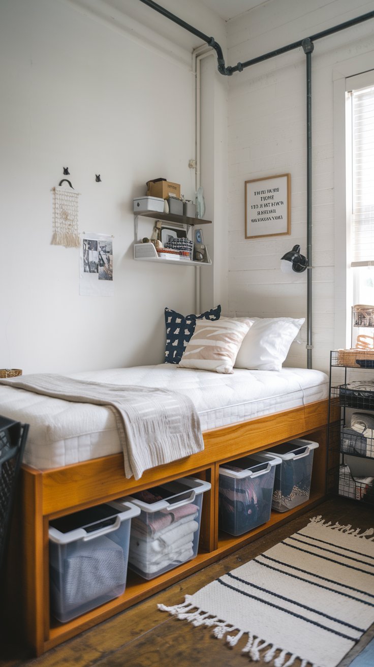A photo of a small industrial-style bedroom with a charming and well-organized design. There is a bed with a wooden frame and a white mattress. Below the bed, there are under-bed storage boxes and bins for out-of-season clothes, extra linens, or shoes. The bins are transparent, allowing for easy visual identification of the contents. The room has white walls and a wooden floor. There are a few personal items on the wall above the bed.