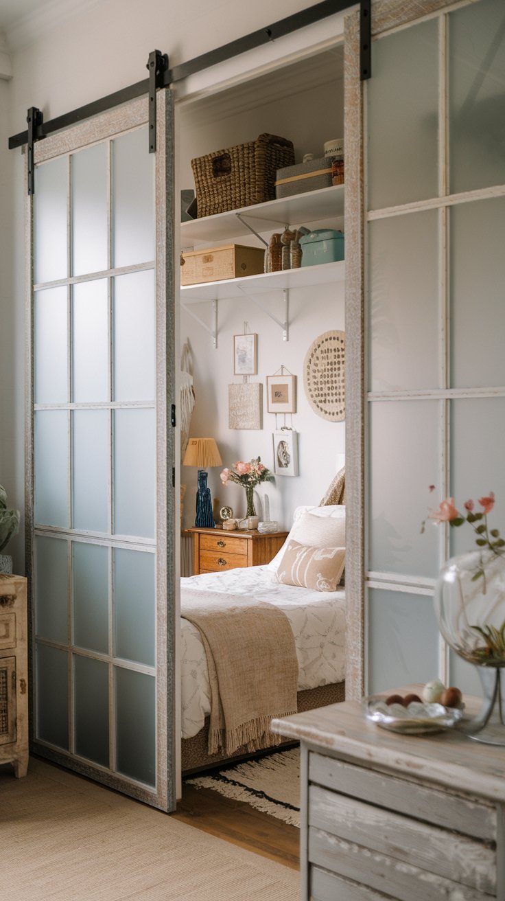 A photo of a small Shabby chic bedroom with sliding doors as a space-saving solution. The room is charming and well-organized. The sliding doors are made of frosted glass. The room feels more open and less cluttered. The room has a rustic aesthetic, with wooden furniture and decor items. There is a bed, a nightstand, a wardrobe, and a few decorative items in the room.
