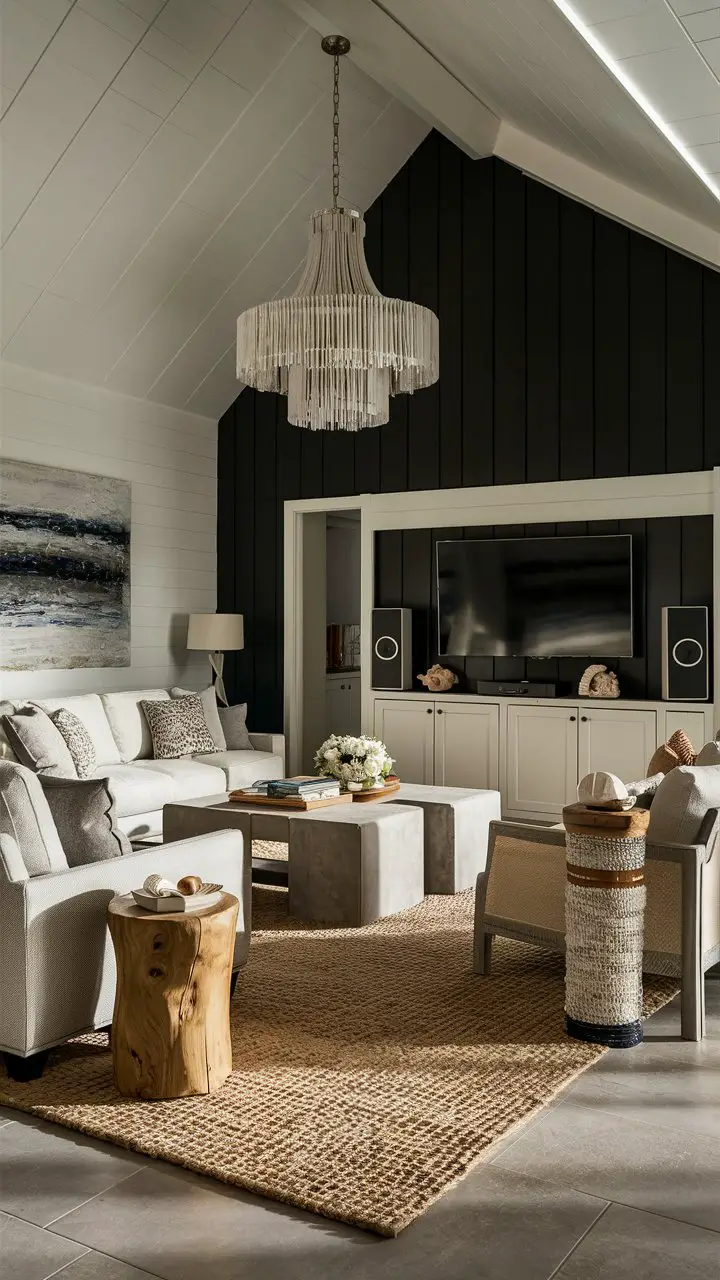 Coastal-themed living room with a black accent wall, modern furniture, seashell accessories, and natural light.






