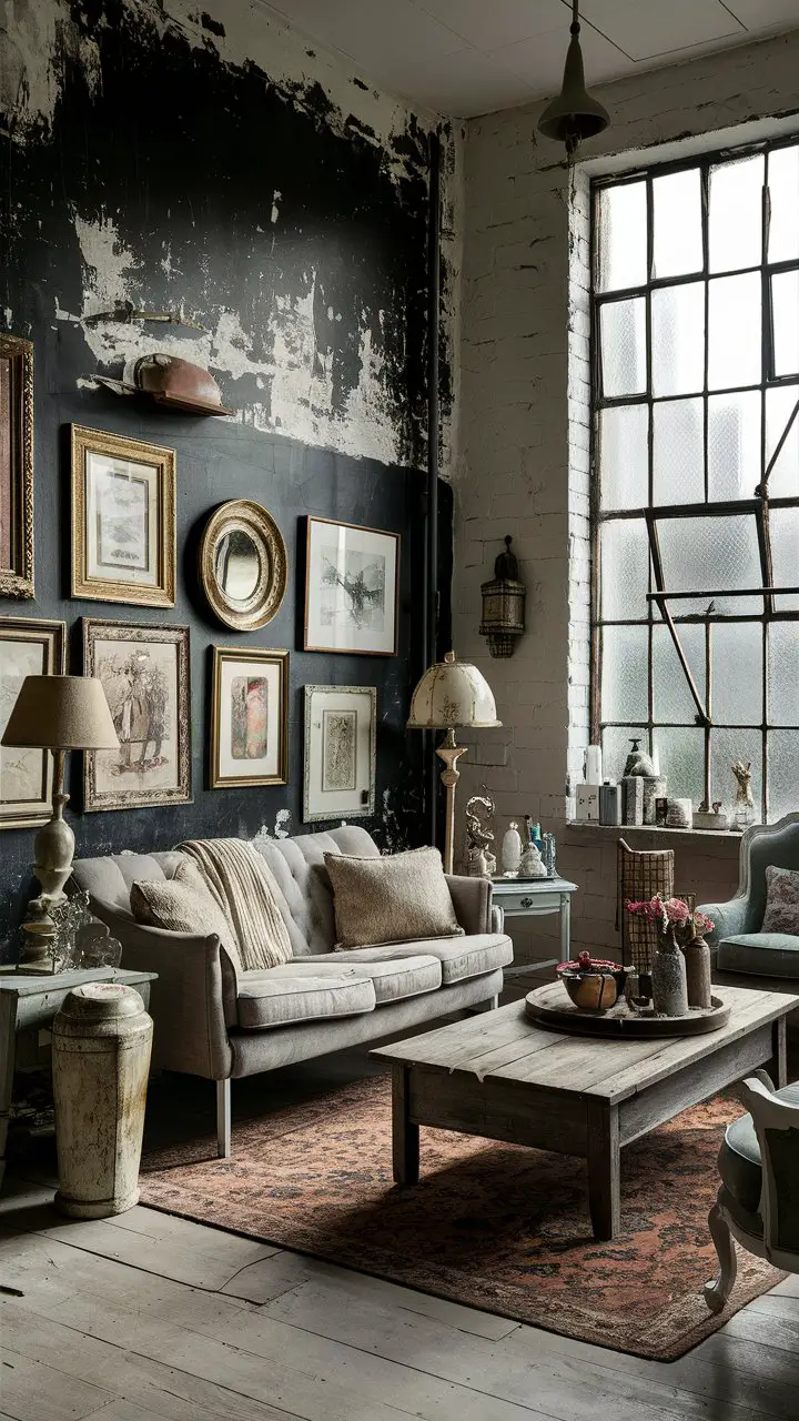 A shabby chic living room with a distressed black wall adorned with vintage furniture and eclectic accessories, illuminated by natural light from a large window.