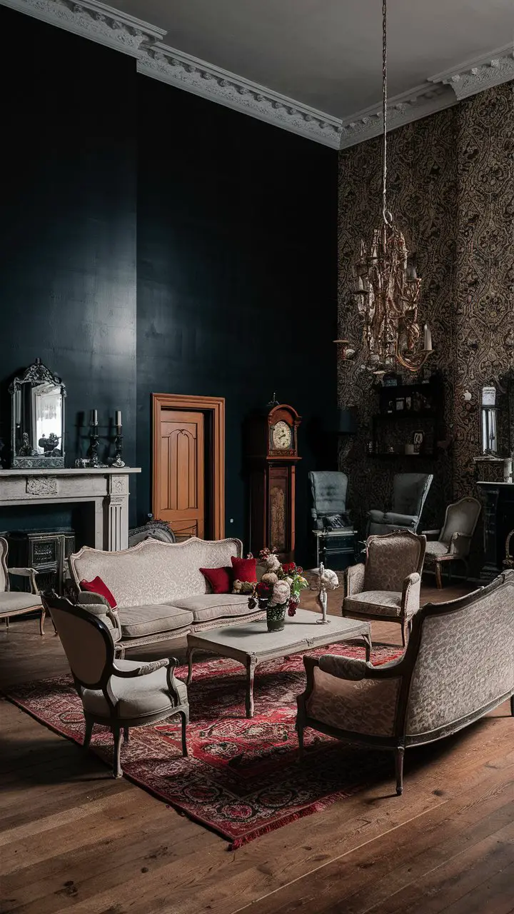 A Victorian-style living room with a black accent wall, antique furniture, a grand fireplace, and intricate wallpaper, creating a warm and inviting atmosphere.