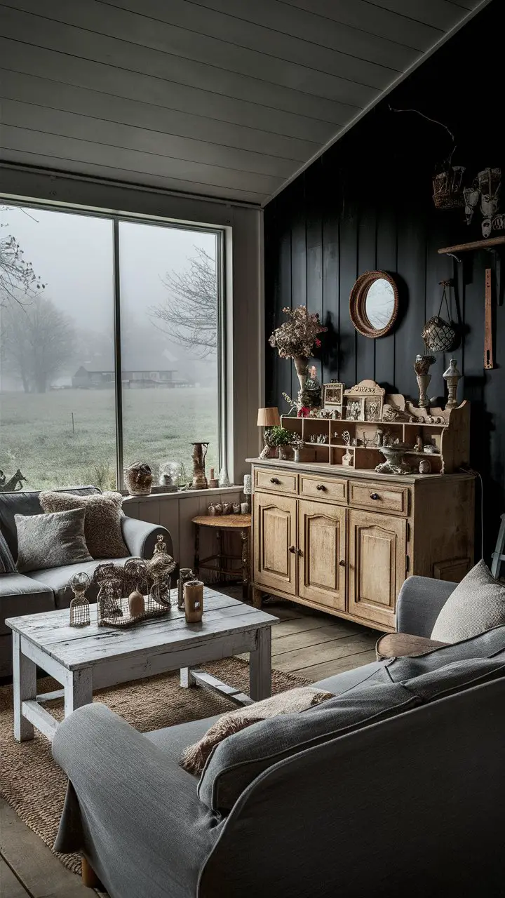 A cozy rural living room with a black accent wall, vintage wooden sideboard, and a misty outdoor scene visible through the window.
