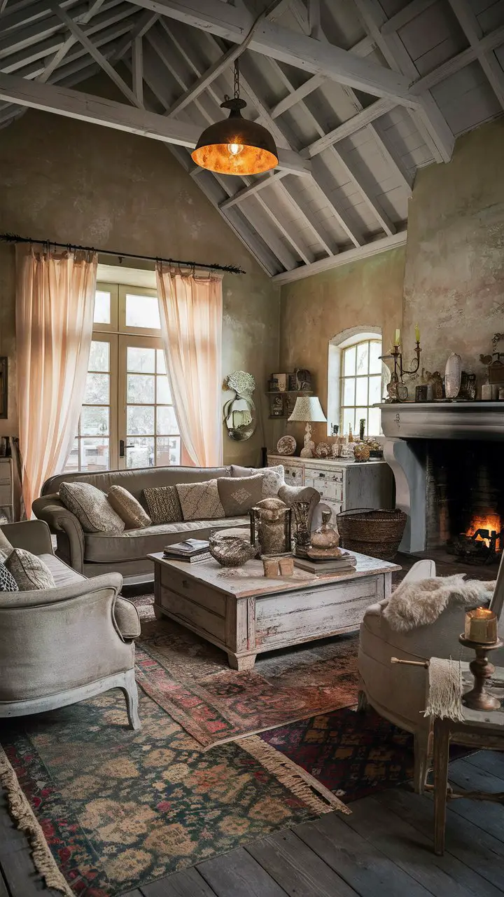A shabby chic living room with high vaulted ceiling, inviting fireplace, worn-in sofa, vintage wooden coffee table, decorative accessories, rustic light fixture, large window with delicate curtains, distressed paint walls, and mismatched patterned rugs.
