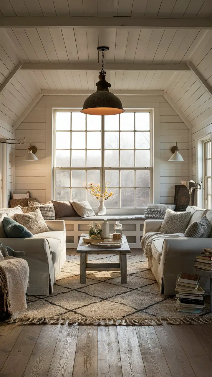 An inviting farmhouse-style rectangular living room with pale white walls, comfortable furniture, rustic-chic decor, ample natural light, a vintage-style light fixture, a patterned rug, and cozy accents.