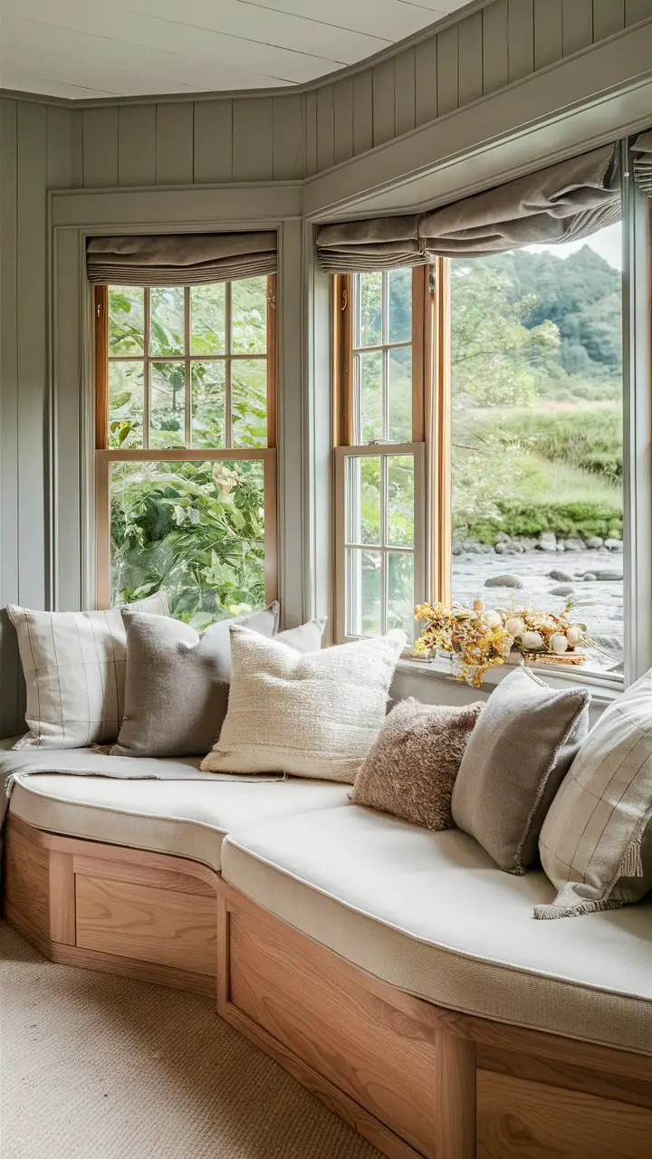 Natural wood Bay Window Seating, soft neutral fabrics, light gray walls, view of greenery and stream.