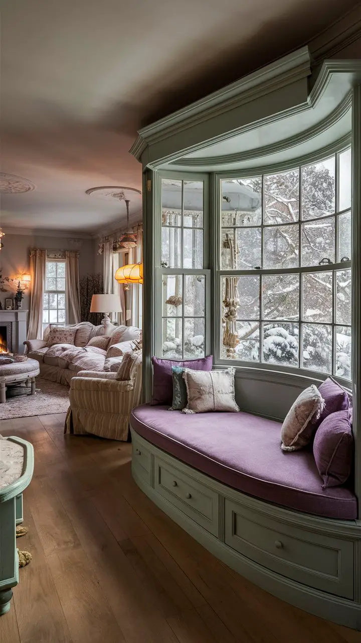 Shabby chic living room with purple and green bay window seating, cozy furniture, and a view of snow-covered trees.