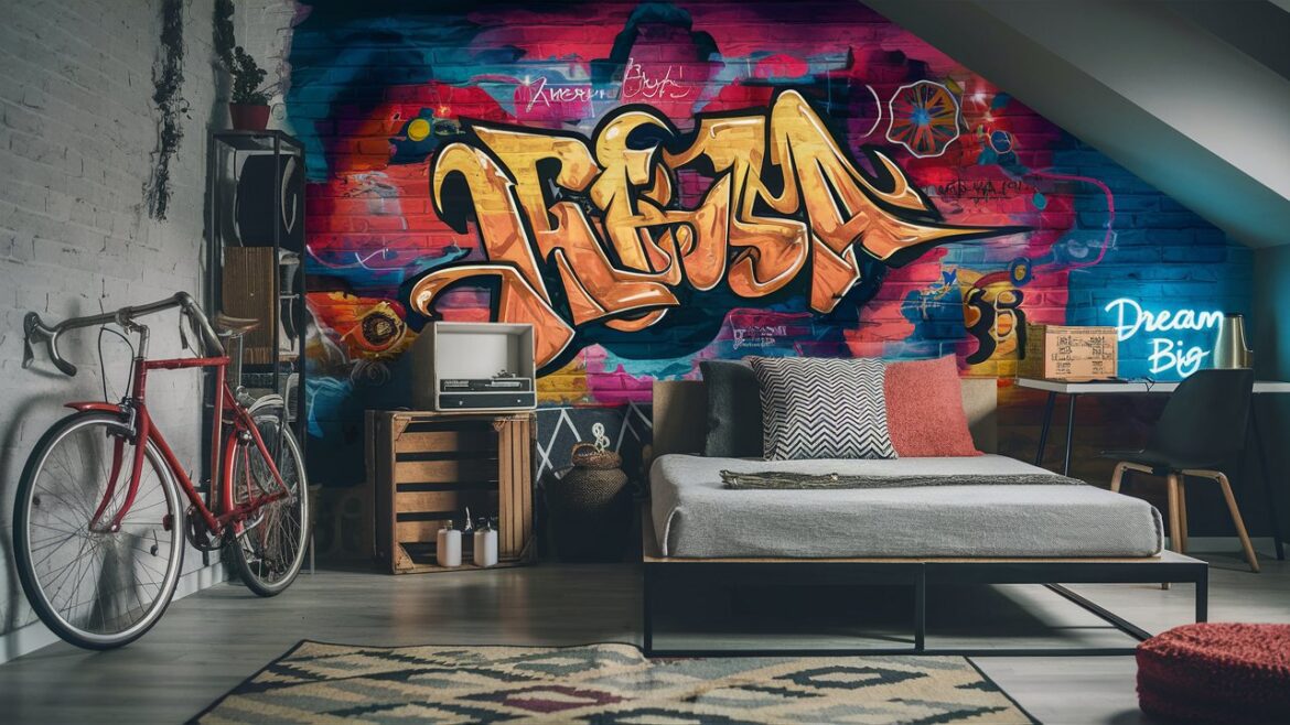 a cozy and stylish bedroom with a street style decor