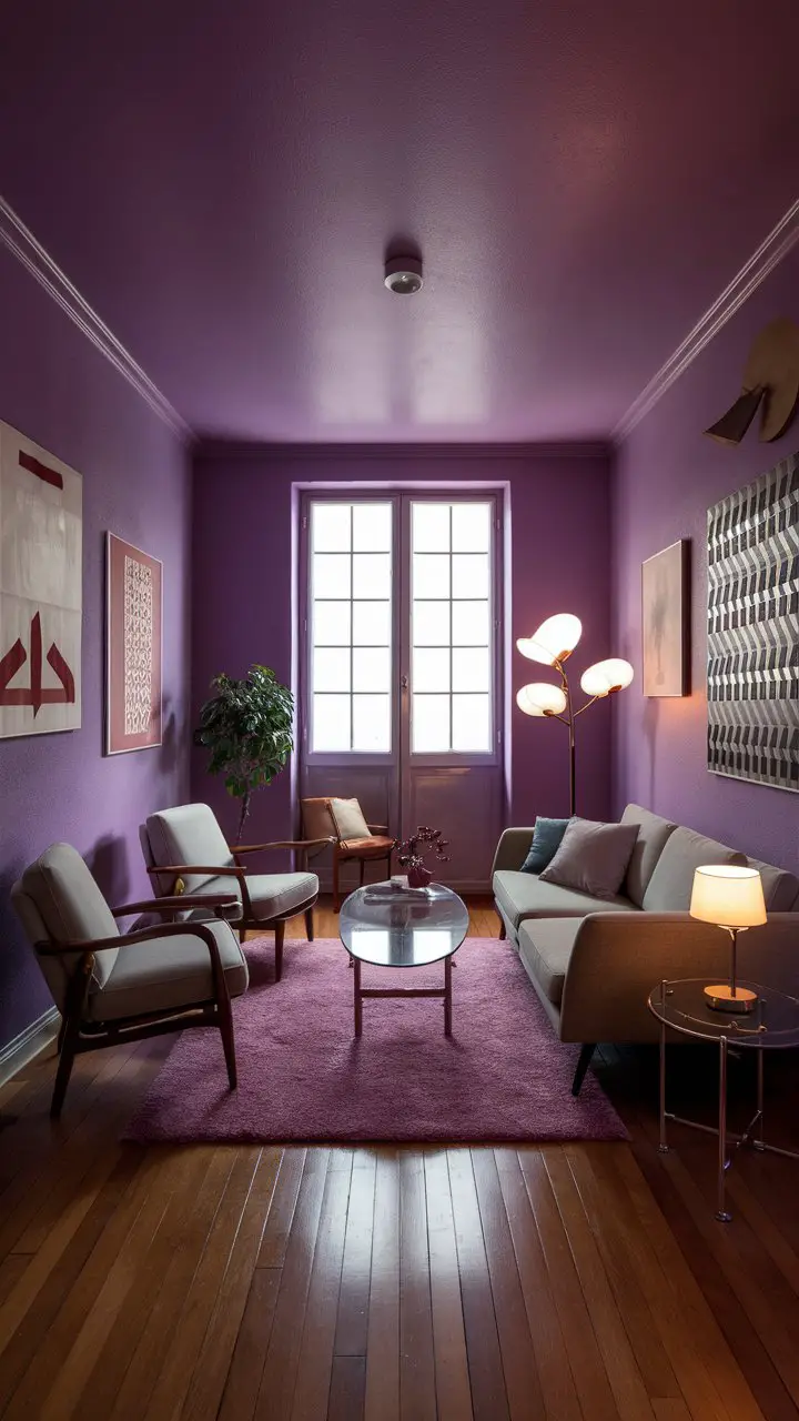 A serene mid-century modern living room in soothing purple with a comfortable sofa, armchairs, a glass coffee table, abstract art, geometric patterns, a unique floor lamp, natural light, warm wooden floor, and a small potted plant.